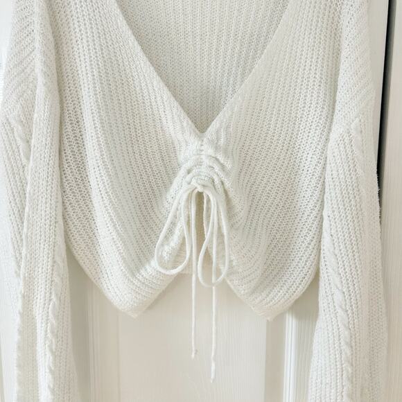 SHEIN White Knit Drawstring Crop Sweater V Neck Long Sleeve Pullover EUC Sz S - Picture 3 of 8